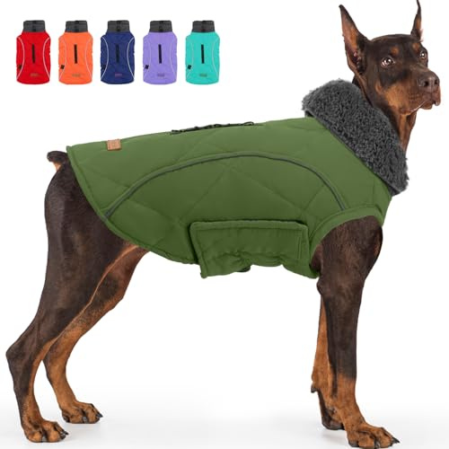 EMUST Dog Coats Winter, Thick Dog Clothes for Medium Dogs Boy, Coats for Dogs Winter with Harness Hole, Dog Coats for Cold Weather, Green, M