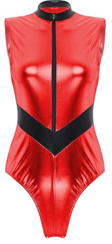 iEFiEL Damen Metallic Body Lackleder Bodysuit Catsuit Wetlook Jumpsuit Langarm/Kurzarm Turnanzug Ballettbody Trikotanzug Tanzkostüm Wa Rot L
