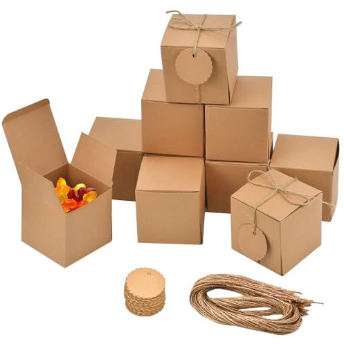 NAROSEBE 50 Stück Karton Geschenkboxen Hochzeit Kraftpapier Geschenkboxen mit Deckel Kraftpapierbox Geschenkschachtel klein Pralinenschachtel Leer mit Juteseilen für Geschenke Party Geburtstag 7*7*7cm