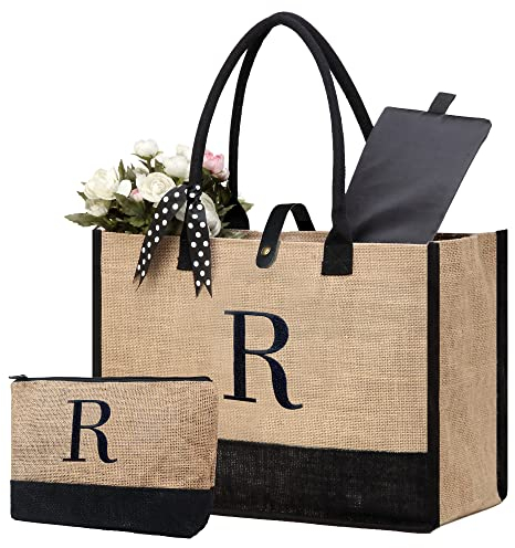 BeeGreen Strandtasche aus Jute mit Stickerei, groß, mit Innentasche mit Reißverschluss, wiederverwendbar, Geburtstagsgeschenk für Frauen, Natürlich und Schwarz, 19'' L x 7.8'' W x 12.7'' H,