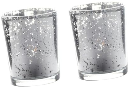 2Pcs Tea Light Holders Candle Cups Silver Glass for Table Centrepieces | DIY Decor Accents, Simple Retro Style, Antique Speckled Metallic Finish, Creating Warm Romantic Glow for Dining Tables