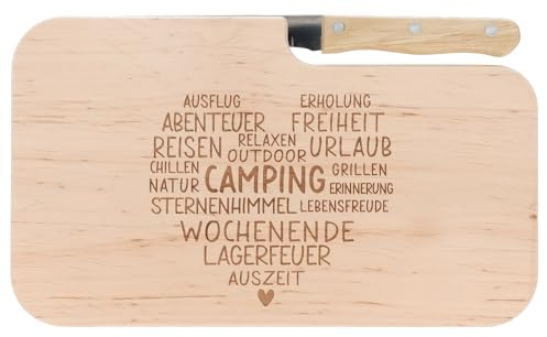 Spruchreif | Brotzeitbrett mit Messer Wortherz – Camping – Graviertes Holzbrett mit Camper-Motiv | Geschenkidee für Campingfreunde & Outdoor-Fans