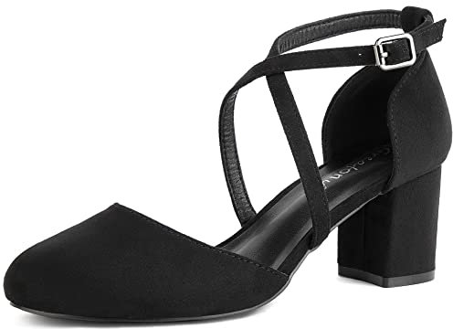 Greatonu Damen Pumps Riemchenpumps Spangenpumps Sandale mit Kreuz Knöchelriemen Blockabsatz Geschlossener Spitze Glitzer Pumps - Perfekt für Hochzeiten und Partys Schwarz 42 EU