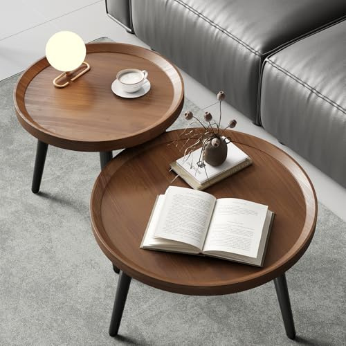 2-teiliges kleines, rundes Couchtisch-Set, Walnussholz, Mitte des | Midcentury Couchtische für kleine Räume, kreisförmiger Mitteltisch aus Holz für Wohnzimmer, schwarzer Beistell- und