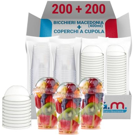 G.M. DISTRIBUZIONE 200 Bicchieri Macedonia in PP da 400ml + 200 Coperchi A Cupola in PS, Bicchieri e Coperchi Trasparenti, Bicchiere Riutlizzabile Alta Qualità per Bar e Gelaterie