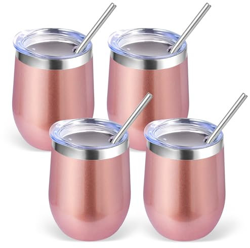 Volhoply 12oz Edelstahl Weinbecher mit Deckel Bulk 4 Pack,350ml Doppelwandige Vakuum stiellose Weingläser,Metall Reise Kaffeebecher mit Strohhalm,Isolierte Tasse Geschenke(Rose Gold,4 Set)