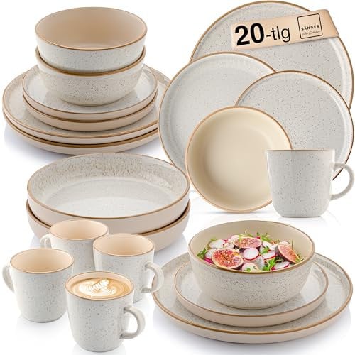 SÄNGER Rio Creme | Kombiservice 4 Personen, Teller Set Kaffeebecher Pastaschale 20 tlg, Steingut Geschirr Set spülmaschinen- mikrowellen- kratzfest, Geschirrset aus Steingut, creme | VALUE COLLECTION