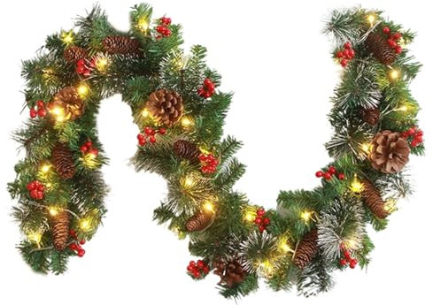 Ghirlanda natalizia con luci, ghirlanda natalizia pre-illuminata per camino, scale, ghirlanda artificiale con 50 luci a LED e pigne con fiocco, bacche, per caminetto, porta, parete, decorazione per le