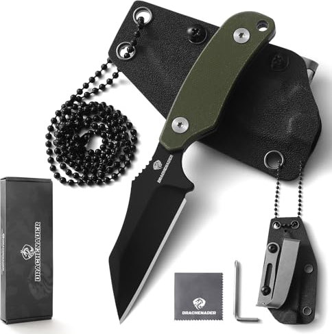 DRACHENADER Neck Knife Klein X-WH, Wharncliffe D2 Stahl Feststehende 7, 6 cm Klinge, Full Tang mini Messer mit Kydex Scheide, Kugelkette, und Gürtel-Clip, Schwarze Klinge + G10 Grüner Griff