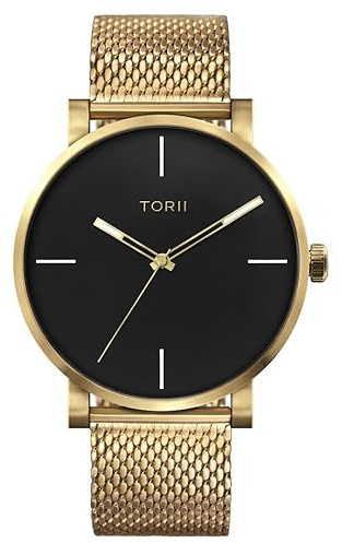 TORII Herrenuhr Schwarz Edelstahl - rund Quarz G45GG.B4 Milanaise-Armband Strichindizes wasserdicht 100 m