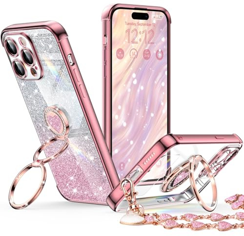 XYZ for iPhone 14 Pro Max Case with Stand, Phone Case with Double Ring Kickstand, Women Girls Bling Luxury Glitter Clear Phone Case Cover Heart for iPhone 14 Pro Max, Rose Gold