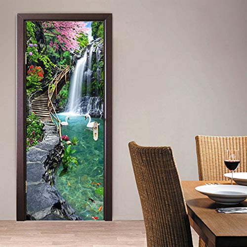Papier Peint Porte 3D Sticker Paysage de cascade Porte Trompe l'oeil Adhésif Mural Poster de Porte Autocollant Amovible Déco Porte L83 x H204cm