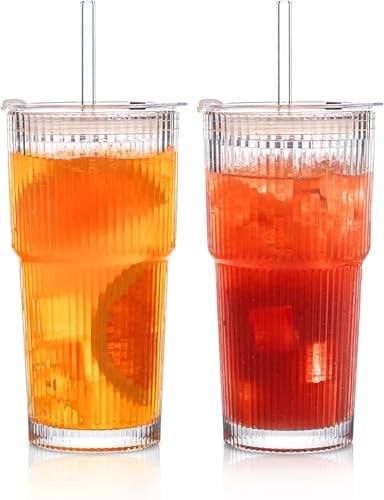 ALINK 2 Pack 20 oz Ribbed Glass Cups Tumblers with Lids and Straws Glassware Set, Thickened Glass, Ideal for Iced Coffee, Smoothies, Cocktails, and Juices