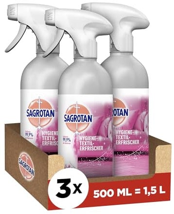 Sagrotan Hygiene-Textilerfrischer Wasserlilie– Entfernt festsitzende Gerüche & geruchsbildende Bakterien – Für Kleidung & Wohntextilien – 3 x 500 ml