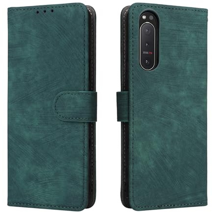 LMFULM® Hülle für Sony Xperia 5 II XQ-AS52/ XQ-AS62/ XQ-AS72 (6,1 Zoll) PU Lederhülle Retro Gefrostet Magnetverschluss Handytasche Anti-Diebstahl-Bürste Brieftasche Stand Ledertasche Grün