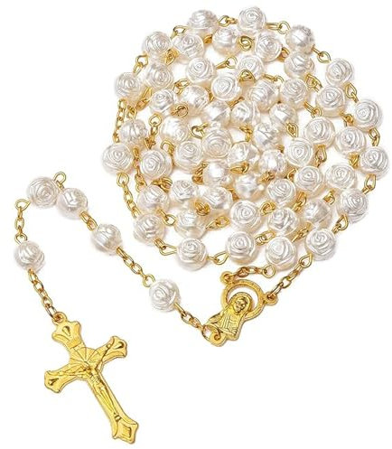 Guyode Rosenkranz Kette, Taufgeschenk Rosenkranz, Weiße Perle Rosary Necklace, Rosenkranzes Halskette, Rosenkranzes zur Kommunion mit Retro-Kreuz für Frauen Männer Taufe Kommunion Hochzeit Party