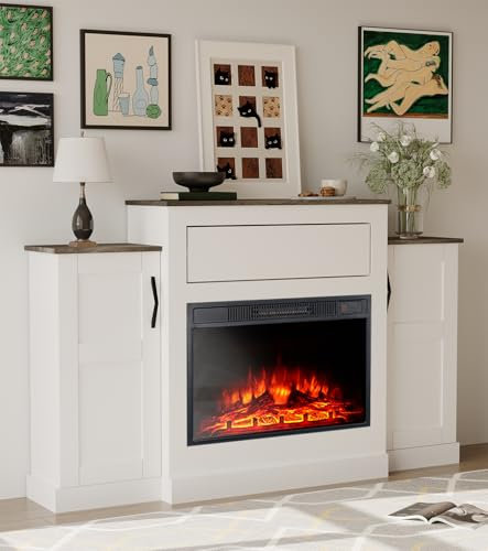 MachenFlame Elektrischer Kamin mit TV-Halterung, Entertainment-Center mit 23-Zoll-Heizung, Schublade mit Drucköffnung und Fernbedienung, 150 cm