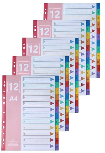 AMO HERMOSO 5er 12-Teiliges Register Trennblätter für Ordner A4, 1-12 Kunststoff Registerblätter Indexblätter für Hefter & Ringbücher, für Schule, Büro