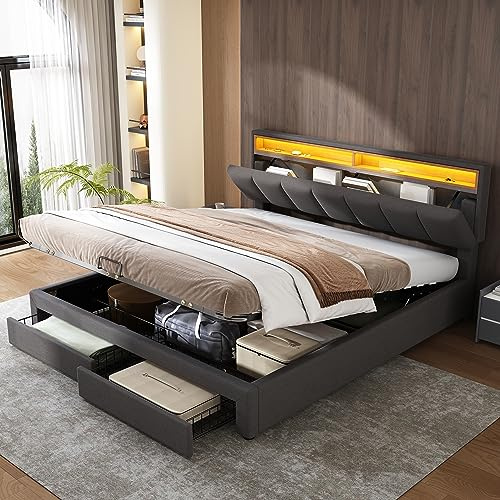 BTM King Size Bed with 2 Drawers, Height-adjustable Stowable Foam Headboard, Hydraulic Storage Box, Upholstered King Size Bed Frame with LED Lighting, 150x200cm-5ft, Linen, Grey