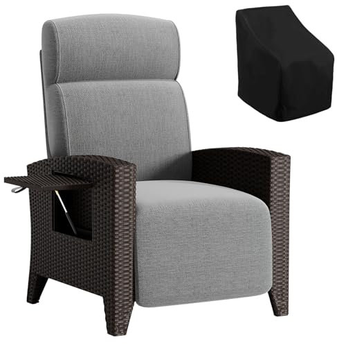 Fiutazge Relaxliege Verstellbare Rückenlehne,Relaxsessel mit liegefunktion,Liegesessel Rattan Sonnenliege mit Abdeckung für Garten,Terrasse,Balkon-Schwarz Rattan und Grau Sitzkissen-TischRechts