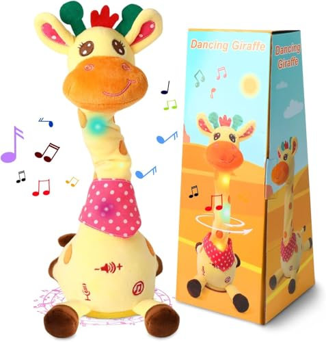 Rubu22a Girafe musicale lumineuse en peluche qui répète ce que vous dites - Girafe musicale lumineuse avec 10 chansons pour enfants - Jaune
