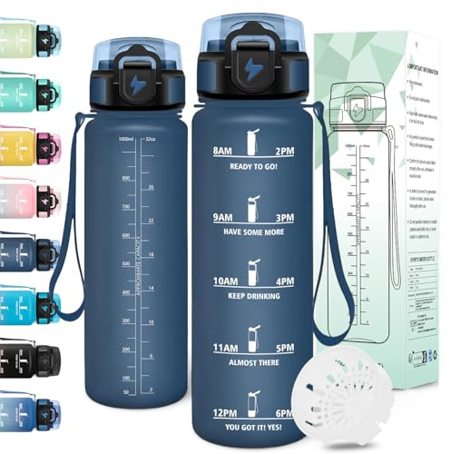 Motswedi Borraccia 1 litro, a Prova di Perdite, Borraccia Motivazionale, Riutilizzabile, Bottiglia Acqua, Senza BPA, Borracce, per Palestra, Ufficio, Sport, Ciclismo, Running, Blu Scuro