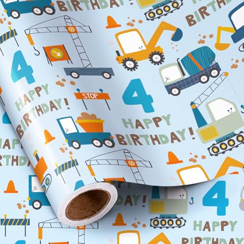 RUSPEPA Geschenkpapier zum 4. Geburtstag für Jungen – Mini-Rolle – Blaue Cartoon-Autos und Lastwagen mit „Happy Birthday“-Schriftzug – 43,2cm x 5m – 4 Jahre