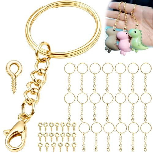 40 Stück Schlüsselring mit Kette Karabinerverschluss (20 Schlüsselanhänger Ring 25mm Rohlinge +20 Ösenschrauben) Schlüsselringe Klein Selber Machen Basteln für Diy Anhänger Schmuckherstellung Gold