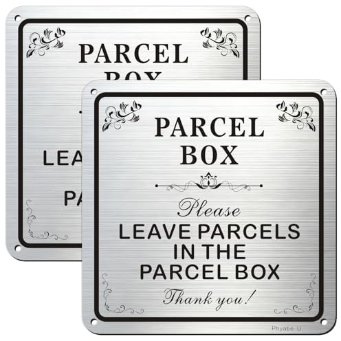 Phyabe 2 Pack Parcel Box Leave Parcels In The Parcel Box Sign, Aluminum | Self-Adhesive, Silver, 15 x 15 cm Rust Free, Pre-Drilled Holes, Weather Resistant, Waterproof, Durable Ink, Easy to Install