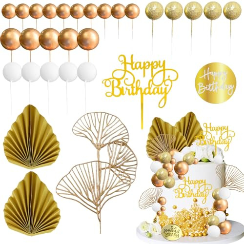 29 Pezzi Decorazioni Torta Compleanno, Palline Decorative per Torte Bianco Oro, Torta per Topper a Forma di Palma, Foglie di Palma Dorate, per Feste a Tema, Anniversari, DIY, Matrimoni (Oro)
