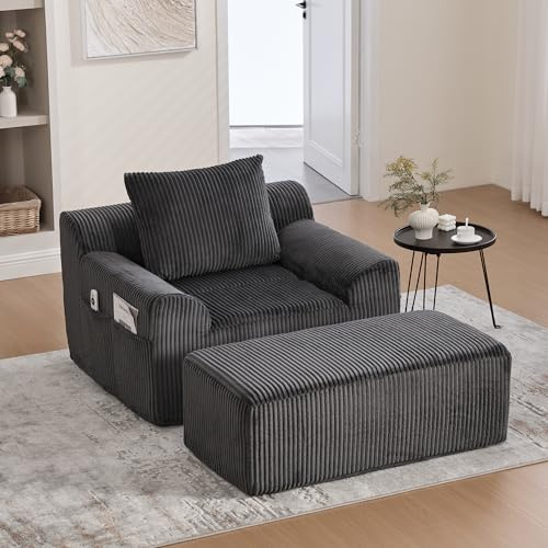 HAUSPROFI Übergroßer Schlafsofa aus Cord 1-Sitzer | Schlafsessel mit Fußstütze & Seitentaschen | Moderner Chaiselongue Sofa kein Aufbau | Relaxsessel für Wohnzimmer, Büro oder Apartment | Grau