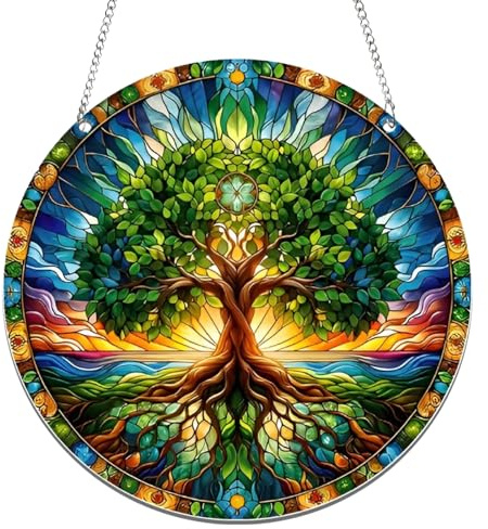 BSITSSS Attrape Soleil 20 x 20 cm, Arbre Vert Suncatcher Acrylique avec Chaîne, Attrape-Soleil Capteur de Soleil Suspendu pour Chambre Salon Balcon Décoration Jardin Extérieur