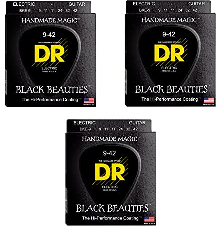 DR BKE-9 - Black Beauties schwarze E-Gitarrensaiten, 009-042, 3er-Pack