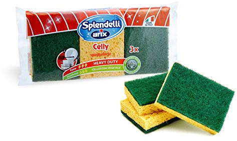ARIX | 3 Spugne con Cellulosa Vegetale Per Lo Sporco Ostinato, Spugne Cucina Maxi Assorbenza Della Linea Splendelli, Spugna con Fibra Abrasiva Forte, 3 Pezzi - Made In Italy