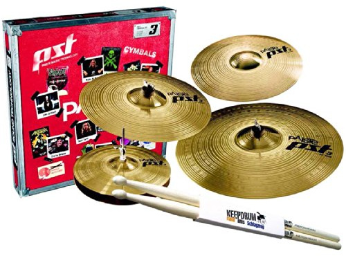 PAISTE PST 3 - Juego de platillos (14/16/20, Crash PST3 de 14 y baquetas Keepdrum)
