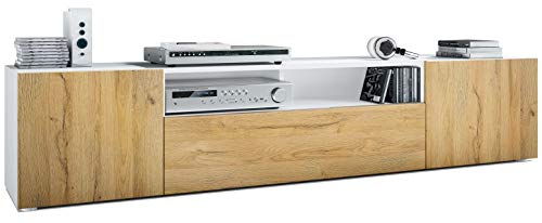 Vladon Lowboard Mogan, TV-Kommode mit 2 Türen, 1 Klappe und 1 offenes Fach, Weiß matt/Eiche Natur (181 x 39 x 35 cm)
