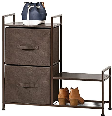 mDesign Regalsystem mit 2 Stoffschubladen – Kommode mit Metallrahmen und Ablageflächen aus Holz – Schubladenschrank für Hosen, Shirts, Tops und Unterwäsche – dunkelbraun