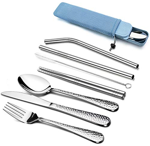 HaWare 9 Piece Individual Portable Hammered Cutlery Sets, Stainless Steel Camping Travel Flatware for 1 with Knife, Fork, Spoon, Chopsticks, Cleaning Brush, Straws, Portable Case & Bag (Blue