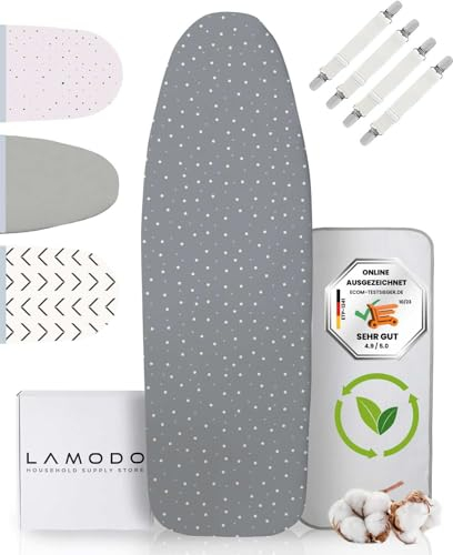 lamodo® - Housse de Planche à Repasser 125x45 cm - Housse de Repassage 100% Coton - Convient au Repassage Vapeur - Rembourrage Extra-épais + élastique et tendeur, 124-132 cm x 40-45 cm