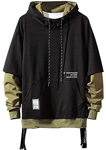 Moshtashio Kapuzenpullover für Herren, Patchwork Hoodie mit Kontrastfarbe Langarm Basic Sweatshirt Pullover mit Kapuze (Schwarz, 2XL)