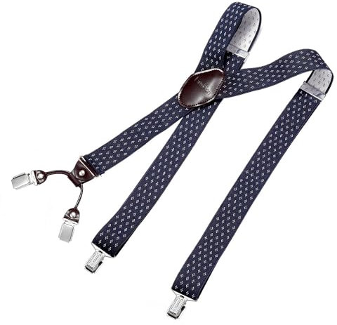 DonDon Hosenträger Herren extra stark Raute blau weiß 3,5 cm Hosenträger Herren breit mit brauem Leder in Y-Form lang - Starke Clips passend für Anzug Jeans Chinos Vintage Rockabilly Suspenders