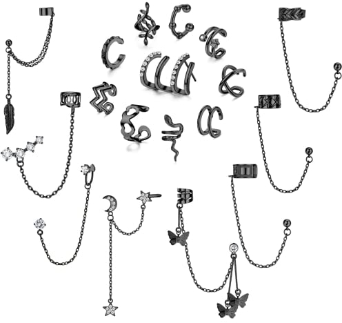 Diamday 18Pcs Ear Cuff Ohrringe Kette Ohrringe für Damen Verstellbare Helix Knorpel Clip On Wrap Ohrringe Manschetten Ohrclipr Ohr Cuffs Set Ohrklemme Fake Ohrringe Schwarz