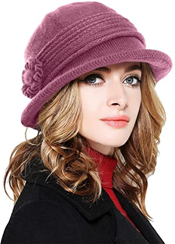 CheChury Bonnet Hiver Femme Chaud Bonnet Tricoté Élégant Douce Chapeau Melon Vintage Femmes Chapeau avec Fleur Hiver Classique Chapeau Slouch Tricoter Chapeaux Femmes Beanie,Rose