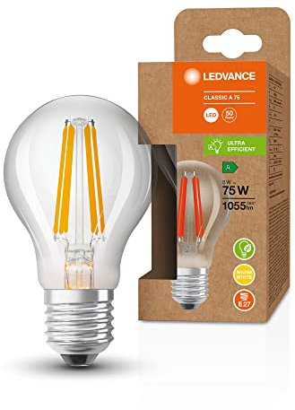 LEDVANCE LED Stromsparlampe, Filament Birne mit E27 Sockel, Warmweiß (3000K), 5 Watt, ersetzt herkömmliche 75W-Leuchtmittel, besonders hohe Energieeffizienz und stromsparend, 1er-Pack