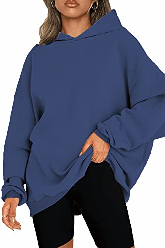 NEYOUQE Oversize Pullover Langarm Einfarbig Loose Sweatshirts Fleece Gef├╝tert Soft Kapuzenpullover Damen Dark Blue XXL 50-52
