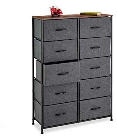 Relaxdays Kommode, 120x85,5x30 cm, Metall, Holzoptik, 10 Stoff-Schubladen, Ablage, Moderne Beistellkommode, Mehrfarbig