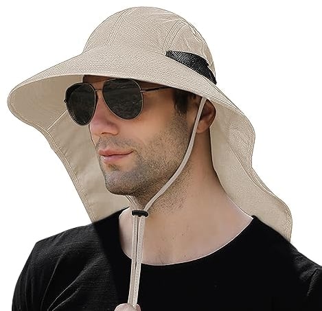 Sonnenhut Herren Damen mit Nackenklappe, UPF 50+ UV Schutz Safari Boonie Hut mit Breiter Krempe, Faltbar Fischerhut Gartenarbeit Strand Angelhut für Sommer Outdoor Aktivitäten