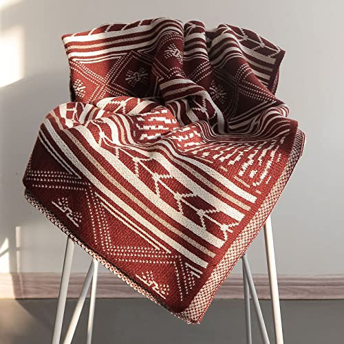 ELASAD Western-Überwurfdecke, gestrickte Boho-Überwurfdecken, modern gemusterte Überwurfdecke für Couch, Sofa, Bett und Wohnzimmer (Vintage Rot, 127 x 152,4 cm)