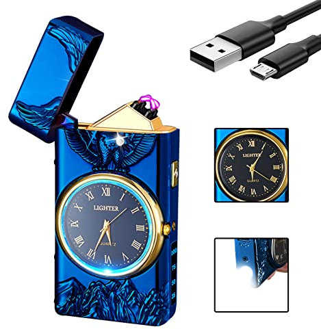 SKRFIRE Premium Metall-Feuerzeug mit Doppel-Lichtbogen & Echtzeit-Uhr – SKRFIRE Adler-Gravur Plasma Lighter (Wind- & Regenfest) mit LED-Beleuchtung – Ideal für Camping, Survival, Abenteuerreisen(blau)