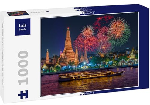 Lais Puzzle Wat Arun und Kreuzfahrtschiff in der Nacht unter Neujahrsfeier, Bangkok Stadt, Thailand 1000 Teile